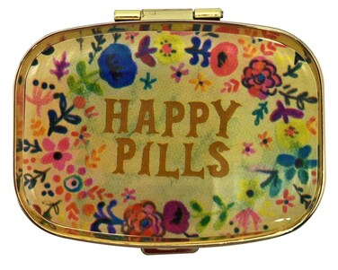 Happy Pills Pill Organizer Cute Metal Pill CasePortable Compact Pill Box Pill Container to Hold Tylenol/Vitamins/Fish Oil/Supplements/Meds/Tablet for Purse/Pocket(Upgraded with Mirror)