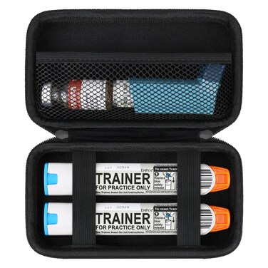 Hard Carrying Case Compatible with 2 EpiPen's or Auvi-Q, Epinephrine Pen, Medical Travel Case with Mesh Pockets for Asthma Inhaler, Eye Drops, Black+Black