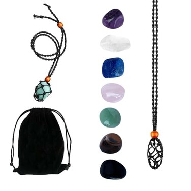 Healing Crystal Necklace Set, 7 Chakra Healing Crystals and Stones, with Boho Handmade Cord Cage, Real Chakra Crystal Healing Stones Set, for Healing, Yoga, Reiki, Meditation, Jewelry Gift