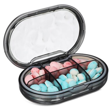 HEALLILY Travel Pill Organizer 6 Compartments Pill Case Compact and Portable Pill Box for Daily Storage Pill Holder for Pocket Purse,Water Ripples Gray