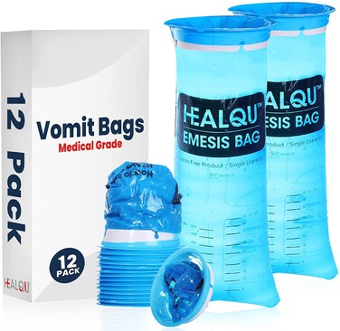 Healqu Hospital Vomit Bags - 12 Pack 1000ml Car Throw Up Bag - for Airsick Travel &amp; Motion Sickness - Leak Resistant Puke Bag - Disposable Barf Bags Throw Up, Nausea