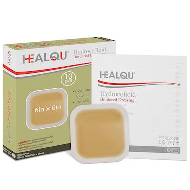 Healqu Hydrocolloid Wound Dressing - 6x6" Box of 10 Large Bandages - Sterilized Bordered Hydrocolloid Patches for Bed Sores, Abrasions, and More - Waterproof and Absorbent with Protective