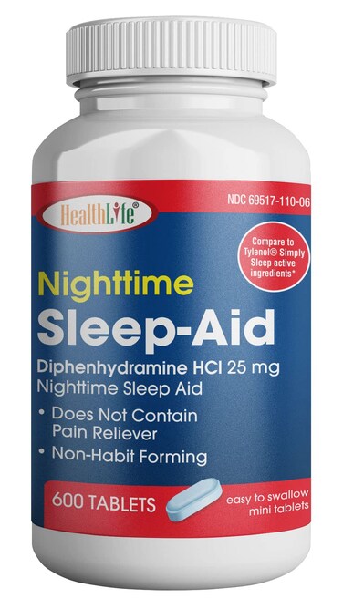 HEALTH LFE HealthPharma Nighttime Sleep-Aid, Diphenhydramine HCL Caplets, 25 mg (Blue), 600 Count