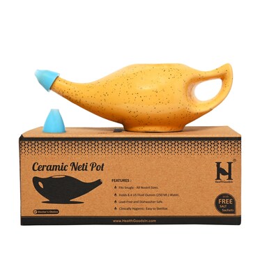 HealthGoodsIn Premium Handcrafted Durable Ceramic Neti Pot with 2 Silicone Nozzle Tip, Salt for Sinus - Dishwasher Safe 225 Ml., Freckle Pattern - (Orange)