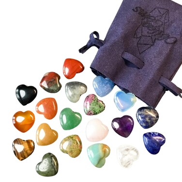 Heart Shaped Healing Crystals Set of 20 Unique GemstoneTypes HIgh Energy Chakra Balancing Palm Pocket Stones with Info Card, Premium Pouch and Display Frame, Reiki Enhanced