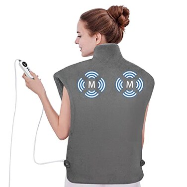 Heating Pad with Massager for Neck and Shoulders, Wearable Electric Heating Pads for Back Pain Relief, Auto-Shut Off, 6 Heat Settings, 4 Massage Modes, Large Size, UL Certified, Gray