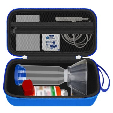 HESTECH Travel Case for Asthma Inhaler, Handheld Spacer for Adults and Kids, Mask, Inhaler Carrying Bag with Mesh Pocket for Asthma Medication, Finger Oximeter and Other Accessories, Blue (Case Only)