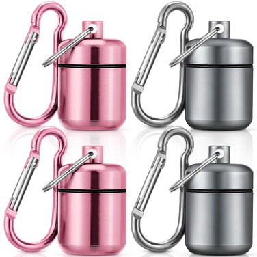 Hicarer 4 Pack Ear Plug Carrying Case Portable Pill Holder Case Waterproof Metal Small Pill Container Carrier for Earplugs and Jewelry Holder(Pink, Matte Gray)