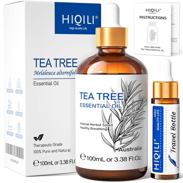HIQILI Tea Tree Oil for Skin, Toenail Fungus, Hair Restoration, Added to Shampoo, Body wash, Foot Soak Use - 3.38 fl. oz.