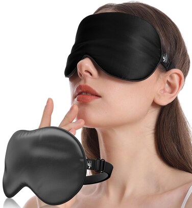 HiRui Silk Sleep Mask, 100% Natural Mulberry Silk of Double-Sided &amp; Inner-Filling, Ultra-Smooth Soft, Adjustable Strap, Blocks Light for Night Sleeping, Travel, Office Naps (Black)