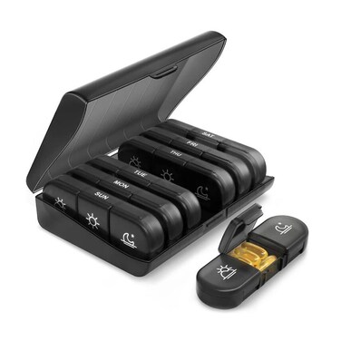Hoshen 21 Compartment Black Pill Box, 7 Days a Week, 3 Reminders a Day, Portable Pill Box and, Sorted Pill Box
