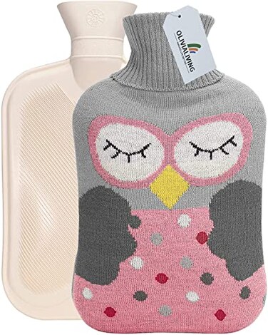 Hot Water Bag Hot Water Bottle 2 Liter Heat Up and Refreezable Hot Cold Pack with Knit Cover for Pain Relief Hot Cold Therapy, Cartoon Owl
