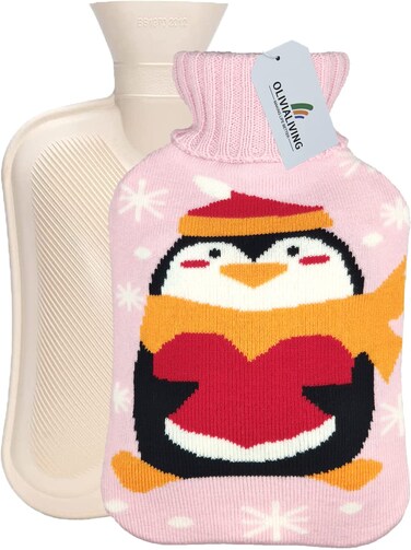 Hot Water Bag Hot Water Bottle 2 Liter with Knit Cover - Great for Cramps, Pain Relief &amp; Cozy Nights - Water Heating Pad - Feet &amp; Bed Warmer for Adults, Cartoon Penguin