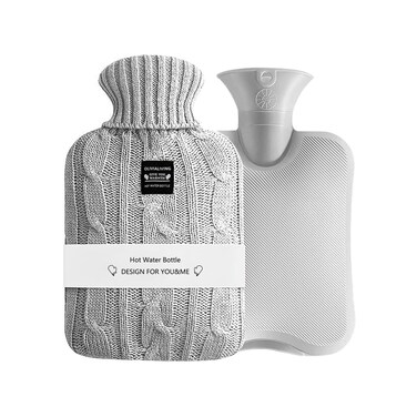 Hot Water Bag Hot Water Bottle 2 Liters Heat Up and Refreezable Hot Cold Pack with Knit Cover for Pain Relief Hot Cold Therapy Grey