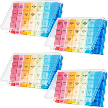 Hsei 4 Pack Pill Organizer Monthly XL Large Weekly Pill Organizer 4 Times a Day Box 7 Day Moisture Proof 4 Weeks Case Large(8.2 x 4.6 x 1.2 Inch)