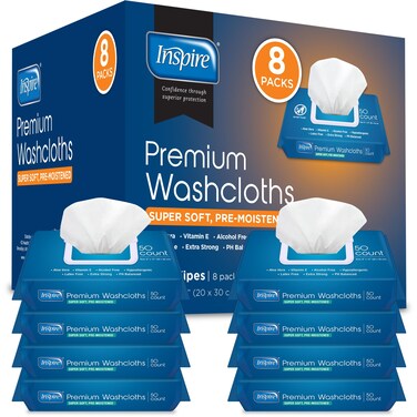 Inspire Adult Wet Wipes, Wash Cloths, Incontinence &amp; Cleansing for Elderly Extra Large, 8"x12" (Pack of 8)