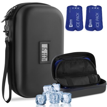 Insulin Cooler Travel Case TSA Approved Refrigerated Medicine Cooler for Travel w/Thermometer Temperature Display Diabetic Travel Case Bag w/2 Reusable Ice Packs for Daily Life Trip, Black