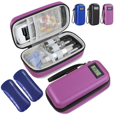 Insulin Cooler Travel Case, Portable Temperature Display Medicine Travel Cooler, Diabetes Case with 2 Reusable Ice Packs TSA Approved for Diabetic Supplies Patent Pending (Purple)