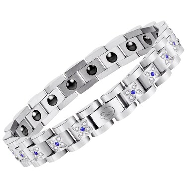 JEROOT Magnetic Hematite Bracelet for Women, Titanium Steel Bracelet, Adjustable Blue Zirconia Silver Wrist Strap Bracelet with Removal Tool