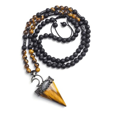 Jovivi 6mm Natural Tiger Eye Crystal Pendulum Necklace Lava Rock Labradorite Healing Chakra Triangle Pendulum Crystal w/Moon 25inches Adjustable