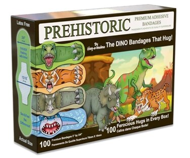 Kids Scary Fun Dino Bandages That Hug! Latex Free Bandages Bulk Pack Kids Favorite Dinosaurs, T-Rex, Sabretooth Tiger, Triceratops, Prehistoric Shark! Dino Band, Aids Kids Wound Healing (100 Ct Box)