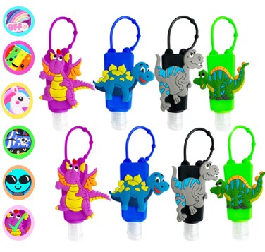 KINIA 8 Pack Empty Kids DINOSAUR Hand Sanitizer Travel Size Keychain Carriers, 8-1 fl oz Flip Cap Reusable Portable Empty Bottles (8-Variety Pack DINOSAUR)