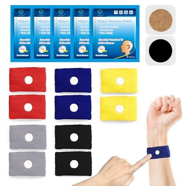 KONGDY 10 Pcs Sea Motion Sickness Wrist Bands &amp; 10 Counts Motion Sickness Patches for Cruise, Morning Sickness, Travel &amp; Car Sickness, No drowsy Anti-Nausea Bands