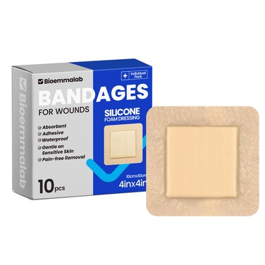 Large Waterproof Bandages 4x4 Silicone Foam Dressing for Sensitive Skin Wound Care, Adhesive Cohesive Pad with Border for First Aid, Post Surgical and Trauma Care, Sore, Burn, Pressure, Scar Healing