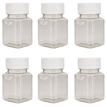 lasenersm 6 Pieces 50ml Empty Clear Plastic Pill Bottles Solid Powder Container Plastic Square Solid Powder Container Reagent Storage Bottle with White Screw Cap, Transparent
