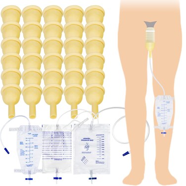 Latex Catheter Set 30Pcs Latex Catheter with Adhesive Strips, 1 * 2000ml Urine Bag, 1 * 1000ml Urine Bag, 1 * 750ml Leg Bag for Men Day and Night Use(35mm)