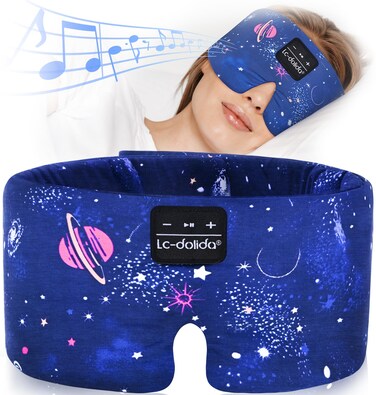LC-dolida Sleep Mask with Bluetooth Headphones, Extra Large Silk Eye Mask for Sleeping Side Day Sleepers, Sleep Headphones Bluetooth 5.4 for Women Men with Thin Speaker, Blackout, Comfort, Microphone