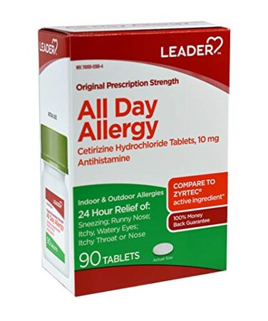 Leader 24 Hour All Day Allergy Relief, Cetirizine Hcl Tablets, 10 mg, 90 Count