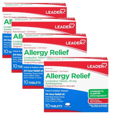 Leader 24 Hour Allergy Relief, Loratadine 10mg Tablets, Non-Drowsy, Antihistamine, Indoor and Outdoor, Counteract Allergy, 10 Tablets, Pack of 4
