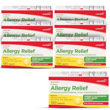 Leader 4 Hour Allergy Relief, Chlorpheniramine Maleate Tablets, Antihistamine, 4 mg, 100 Count (Pack of 6)