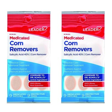 LEADER Medicated Corn Remover with Salicylic Acid, Toe Corn Treatment Pads/Patches, All-Day Pain Relief &amp; Cushioning Protection Against Shoe Pressure and Friction, 9 Pads, (Pack of 2)