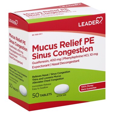 Leader Mucus Relief PE Sinus Congestion, Expectorant; Nasal Decongestant, Thins and Loosens Mucus, Immediate-Release, Alleviates Chest Congestion, 50 Tablets