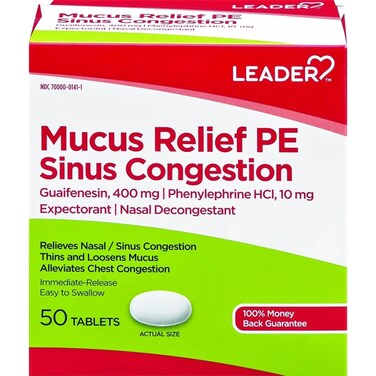 Leader Mucus Relief PE Sinus Congestion, Expectorant; Nasal Decongestant, Thins and Loosens Mucus, Immediate-Release, Alleviates Chest Congestion, 50 Tablets (Pack of 2)