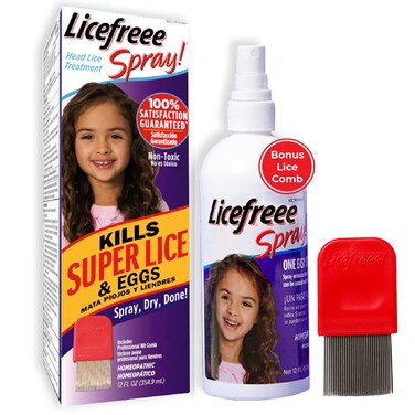 Licefreee Spray Family Size Lice Treatment for Kids &amp; Adults, 12 Fl Oz, Easy Use Lice Spray Kills Head Lice, Eggs, Super Lice on Contact, Includes Metal Lice Comb, Multiple Treatments