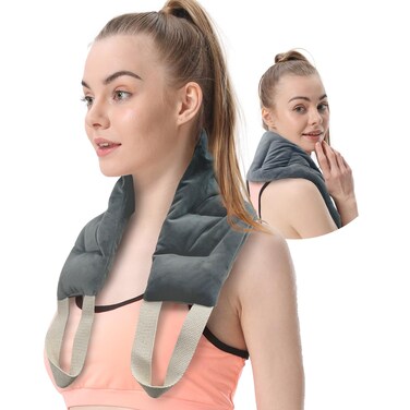 Long Microwave Neck Heating Pad 33.5"*5.9" Microwavable Heating Pads for Neck Shoulders Pain Relief Long Weighted Bag Moist Heated Neck Wrap Warmer Pad Warm Compress Reusable with Handles Grey