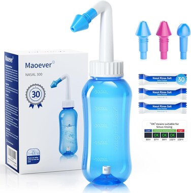 MAOEVER Neti Pot Sinus Rinse Bottle Nose Wash Cleaner Pressure Rinse Nasal Irrigation for Adult &amp; Kid BPA Free 300 ML with 30 Nasal Wash Salt Packets and Sticker Thermometer(Blue)