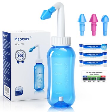 MAOEVER Neti Pot Sinus Rinse Bottle with 100 Nasal Wash Salt Packets Nose Wash Cleaner Pressure Rinse Nasal Irrigation for Adult &amp; Kid BPA Free 300 ML with Sticker Thermometer(Blue)