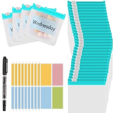 MARFOREVER 39 Pcs Pill Pouch Bags, Reusable Medicine Bags Pill Baggies Pill Box Pill Case Travel Pill Organizer 28 Pcs Plastic Pill Container with Slide Lock 10 Sheets Labels and 1 Pc Marker