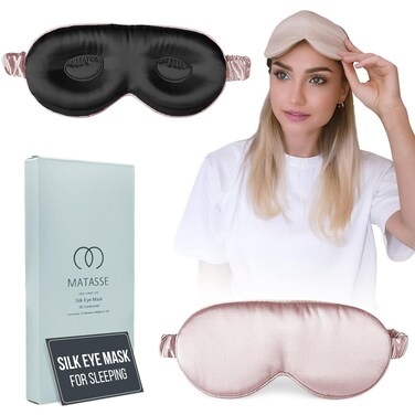 MATASSE Silk Eye Mask for Sleeping with Adjustable Elastic Band - 3D Contoured, Eye Cover Sleep Mask w/Genuine Mulberry Silk Including The Strap for Women, Men (Black-Pink)