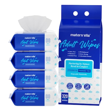 MATERN'ELLA Adult Wet Wipes, Cleansing Wash Cloths for Elderly Care, 99% Water Wipes for Incontinence, Personal Bath, Alcohol-Free, 4 Flip-Top Packs(320 Wipes Total)