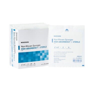 McKesson Non-Woven Sponges, Sterile, 4-Ply, High Absorbency, Polyester/Rayon, 4 in x 4 in, 2 per Pack, 600 Packs, 1200 Total