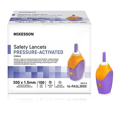 McKesson Safety Lancet, Retractable, Pressure-Activated Finger Device, Sterile - Ideal for Blood Testing - Single Use, 30 Gauge, 1.5mm Depth, 100 Count, 1 Pack