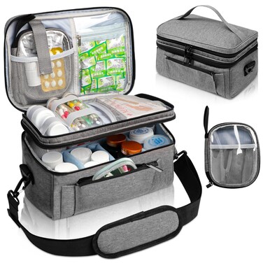 Medicine Bag for Traveling with Portable Small Pouch, Double Layer Pill Bottle Organizer Storage Case with Lockable Zippers, Carrying Medication Travel Case with Shoulder Strap (BAG ONLY), Gray