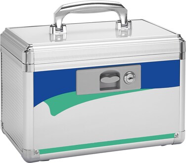 Medicine Lock Box for Safe Medication - 10 x 6 x 6.7 Inches - Lockable Storage Box for Drugs, First Aid Kit Empty, Lock Boxes with Key for Home/Outdoor (Blue/Small)