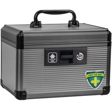 Medicine Lock Box, First Aid Kit Medication Storage Box with Lock, Layered Aluminum Frame Daily Medicine Cabinet Family Use, Black 9.84 * 6.88 * 6.88 Inch