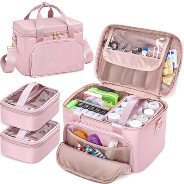 Medicine Storage Bag with 2 Medical Bags, Pill Bottle Organizer Bag Empty First Aid Bag for Travel, Home Healthcare, Pink(Empty Bag Only)